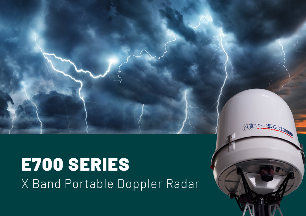 The E700 Series X Band Portable Doppler Radar by EWR, set in front of a lightning storm background.