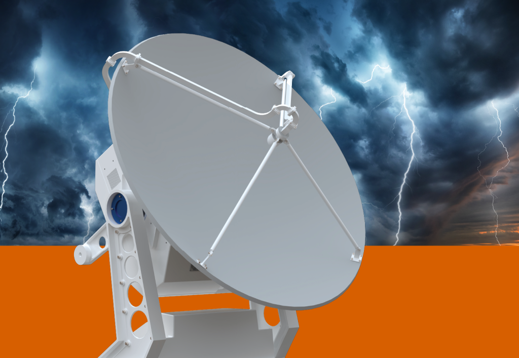 The New E800LP Series Low Profile Dual Polarization Radar by EWR, tilted up with a lightning storm in the background.